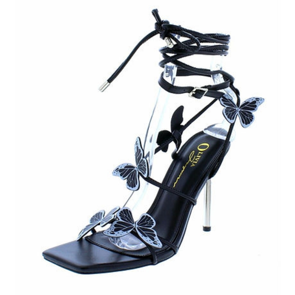 Olivia by EOC STYLE, strappy, black,  gray and silver butterfly heels. Size 7